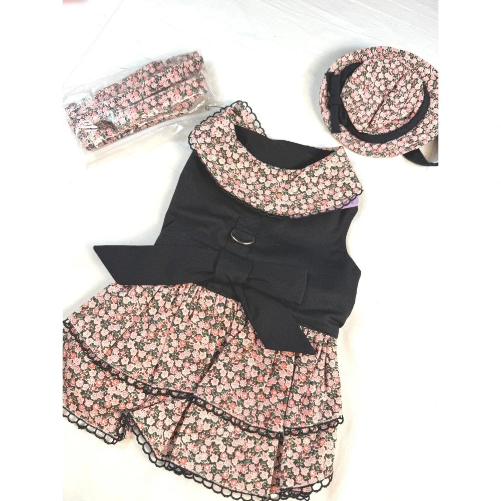 Pet Dress Set Med Black Pink Floral Sleeveless Hat Leash Outfit NWT